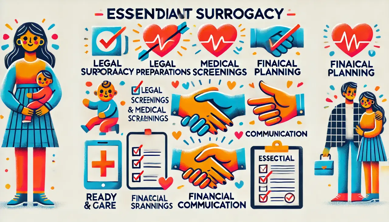 Illustration of an essential checklist for independent surrogacy, covering legal, medical, financial, and emotional preparations.
