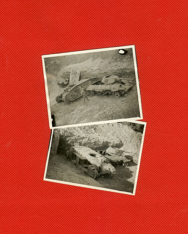 Bargain Lot (2) Photos- Rare Pics of US Soldier Posed w- KO'd French Char B1 & Russian T-34 Panzer T