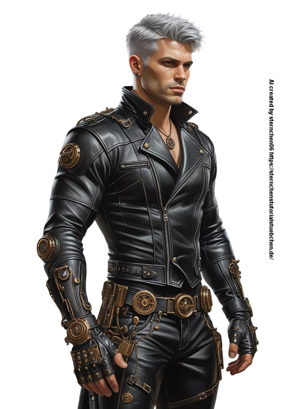 hells angel, man ,steampunk in black leather clothes, silver short Hair, 3D painting,  full body (1)