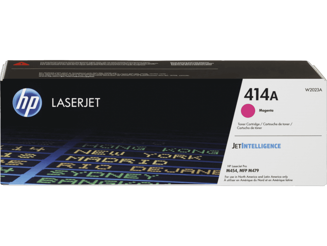 Caja y cartucho de tóner original HP 414A de color magenta.