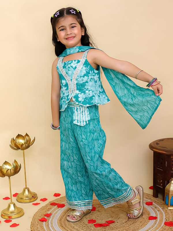 Kids Girls Party Wear Dress Floral Printed Girls Co-Ords Top Bottom Dupatta Set - Picture 6 of 18
