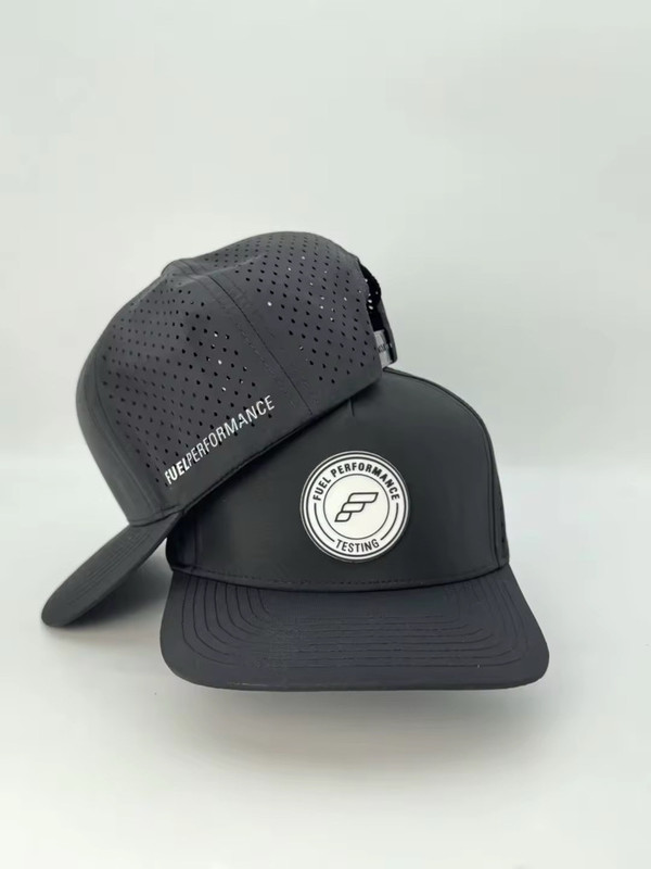 Close-up of custom hat features including PVC patch, rope brim detail, and interior branding options