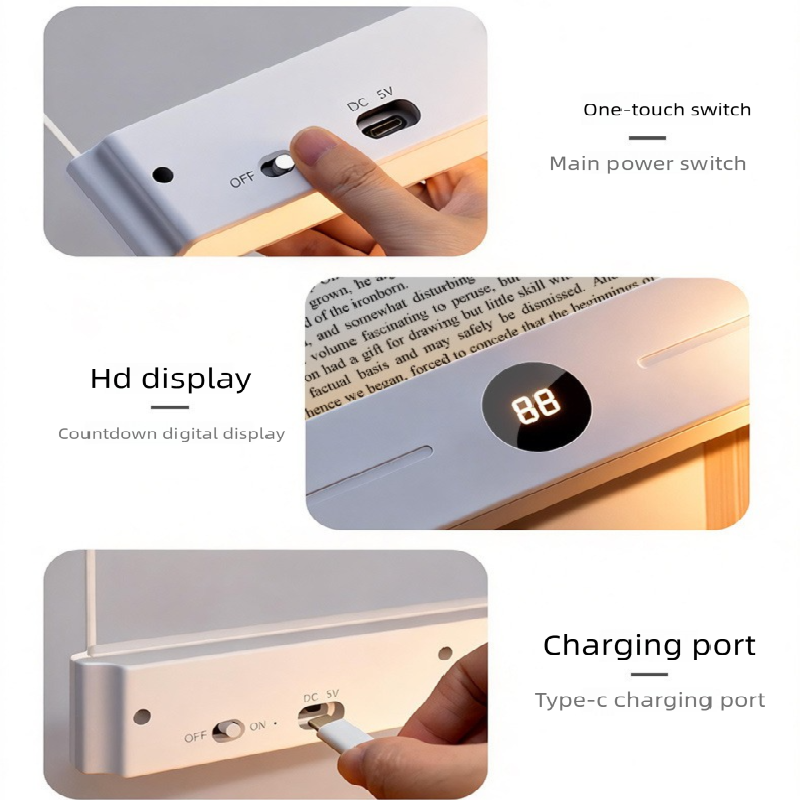 Pink LED Flat Panel Reading Light with 99m Timer 3 Color Modes Stepless Dimming Rechargeable Eye Protection Book Light for Bedside Dormitory Local Standard