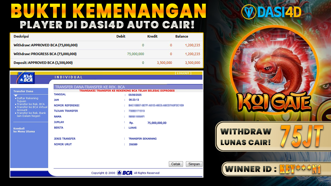 BUKTI KEMENANGAN 05 JUNI 2025 DI KOI GATE WD 75 JUTA