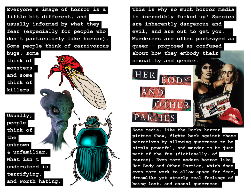 The first and second page of a zine titled 'Oh, the HORRORS! a zine on horror (wow) & all its forms'.