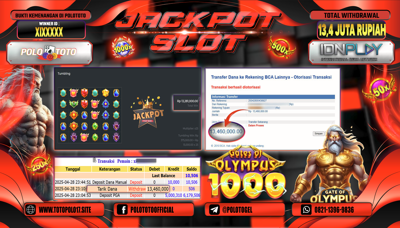 POLOTOTO JACKPOT SLOT GATES OF OLYMPUS 1000 Rp.13.460.000,-
