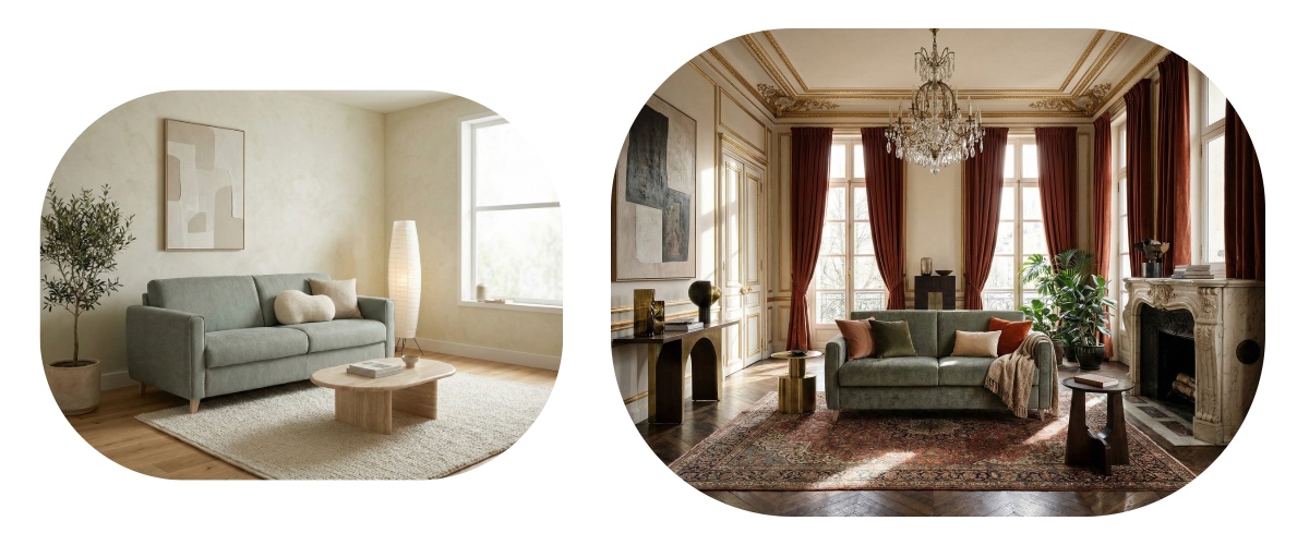 Canapé convertible Italo tissu Bull — ambiance salon parisien avec moulures — Déco Éléments