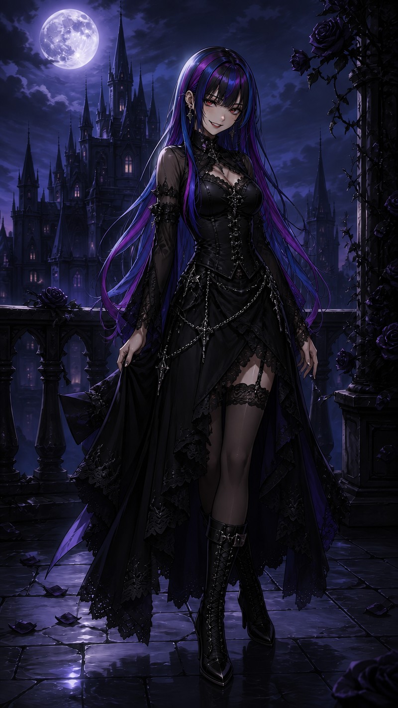 Approved full-body Gothic portrait with blue and purple hair highlights
