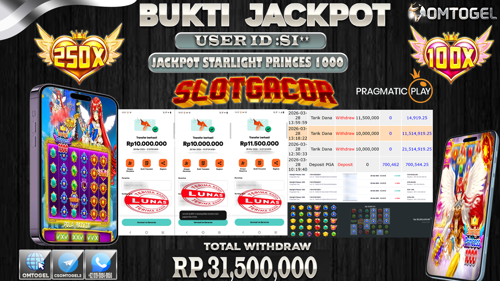 OMTOGEL JACKPOT PRAGMATIC PLAY STARLIGTH PRINCESS 1000 , 31 JUTA DI BAYAR LUNAS ,-