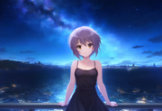 1girl, nagato yuki (suzumiya haruhi no yuuutsu), black dress, Leaning on a rooft s-2068629744
