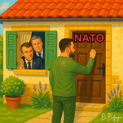 Zelensky knocks on a door marked “NATO”. Macron and Starmer peek through the curtain but don’t open the door.