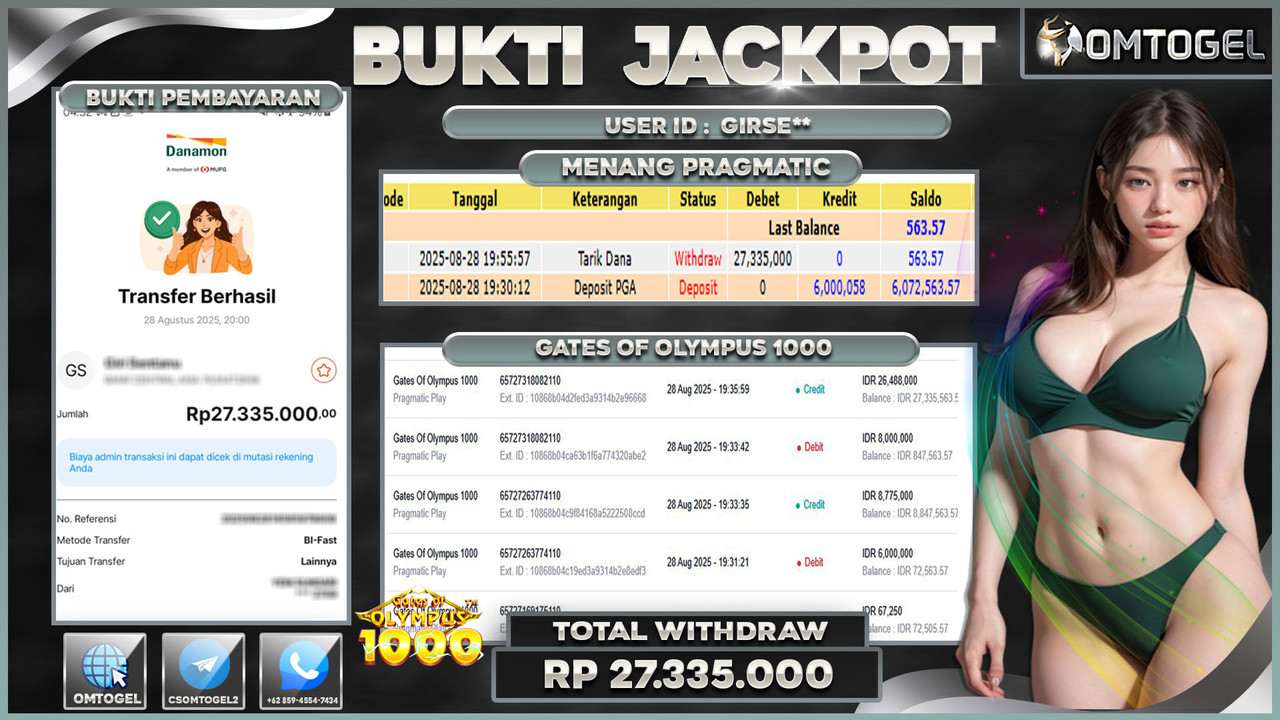 OMTOGEL JACKPOT PRAGMATIC PLAY GATES OF OLYMPUS 1000 27 JUTA DI BAYAR LUNAS ,-