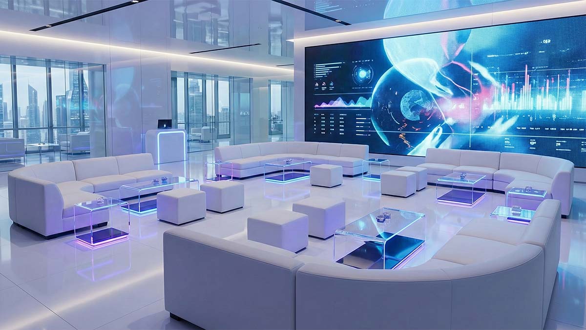 Стиль модерн на мероприятии: модульная белая мебель и технологичная подсветка