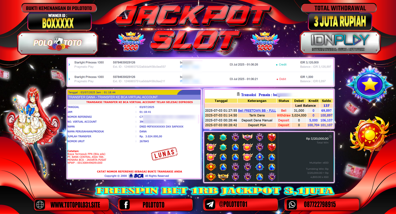 POLOTOTO JACKPOT SLOT STARLIGHT PRINCESS 1000 Rp.3.024.000,-