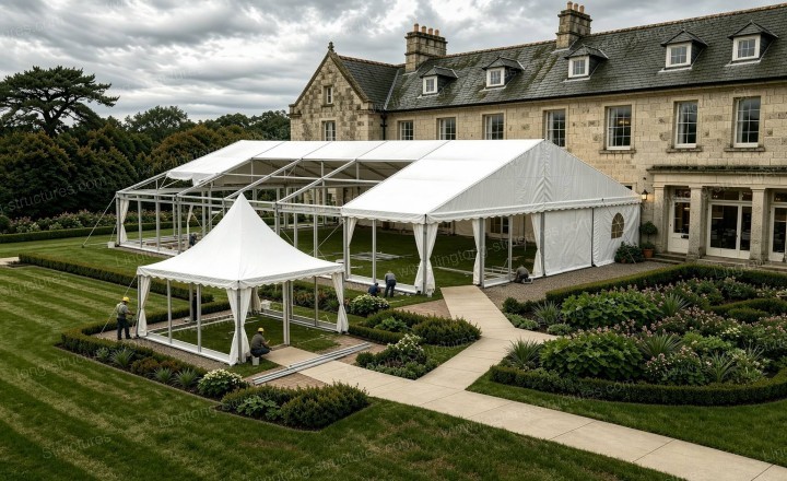 Wedding tent exterior surrounded by natural landscape in Ireland