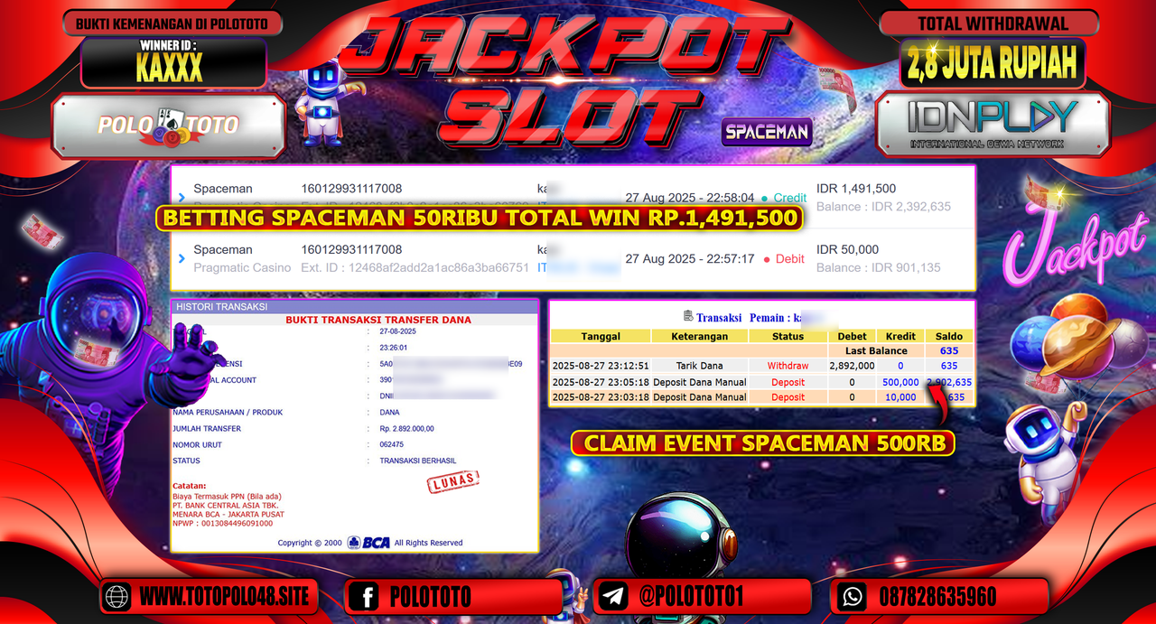 POLOTOTO JACKPOT SLOT SPACEMAN Rp.2.800.000,- LUNAS