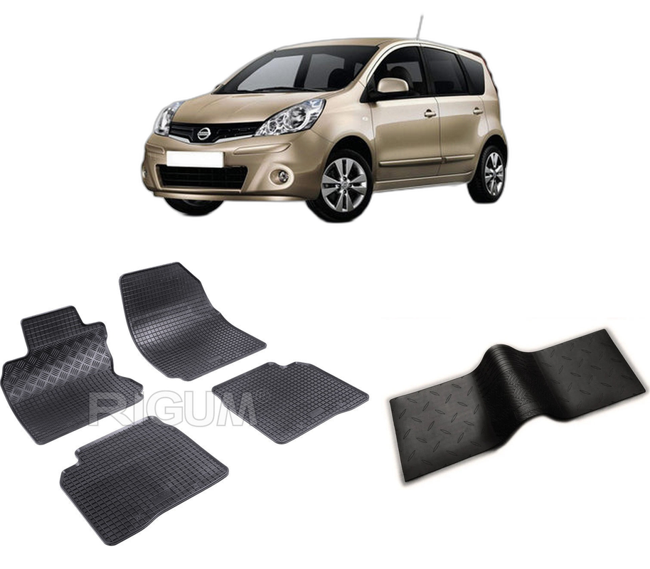 Set covorase auto NISSAN NOTE E11 din 2006-09.2013, cu covoras tunel median, CAROSERIE HATCHBACK, Presuri cauciuc 100%, compatibil cu autoturismul NISSAN NOTE E11, Rigum