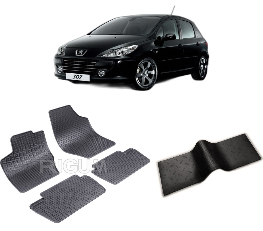 Set covorase auto PEUGEOT 307 din 03.2001-2005, cu covoras tunel median, CAROSERIE HATCHBACK, Presuri cauciuc 100%, compatibil cu autoturismul PEUGEOT 307, Rigum