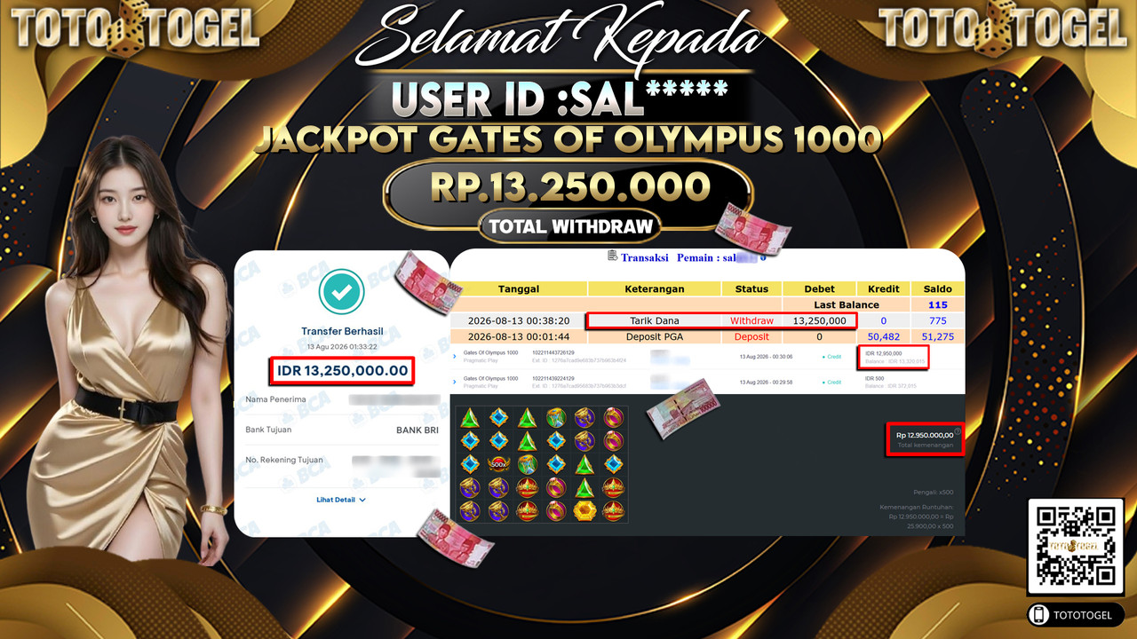Bukti Pembayaran Jackpot Slot Gates Of Olympus 1000 ID:SAL*****LUNAS