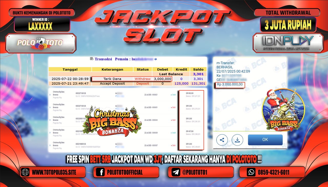 POLOTOTO JACKPOT SLOT CHRISTMAS BIG BASS BONANZA Rp.3.000.000,- LUNAS