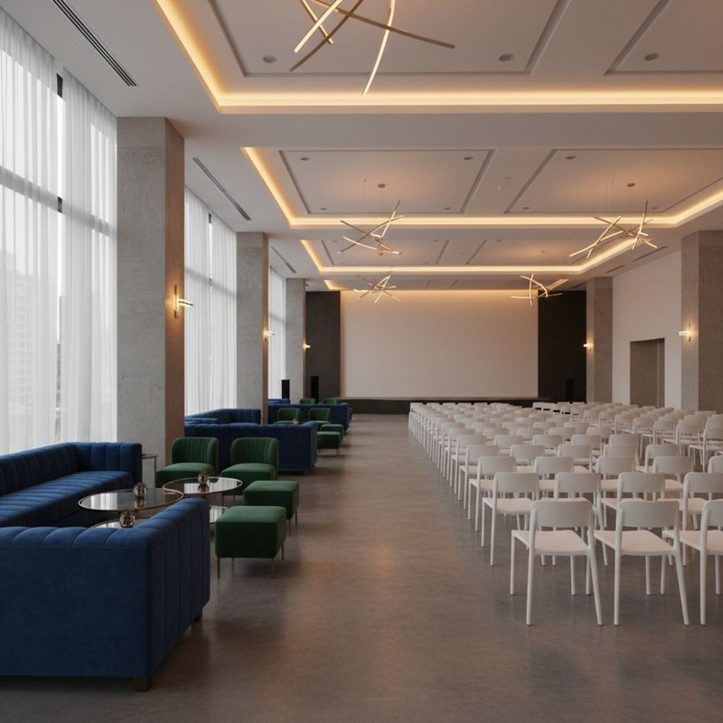 Стильно оформленная зона мероприятия с комфортной мебелью, демонстрирующая грамотное зонирование пространства и влияние интерьера на атмосферу события.