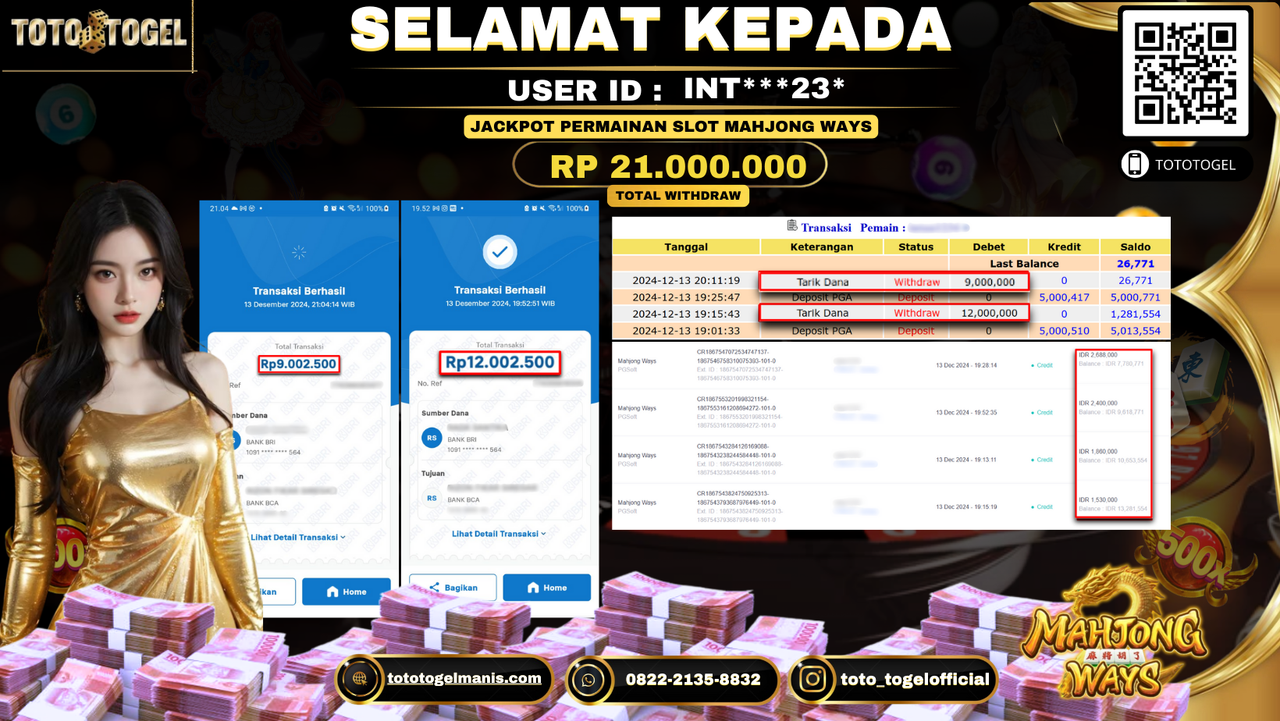 Bukti Pembayaran Jackpot Permainan Slot Mahjong Ways ID: INT***23* LUNAS