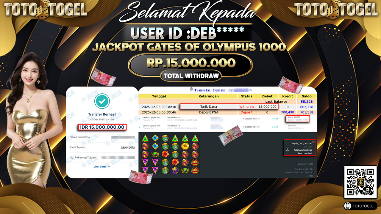 Bukti Pembayaran Jackpot Permainan Slot Gates Of Olympus 1000 ID:DEB***** LUNAS