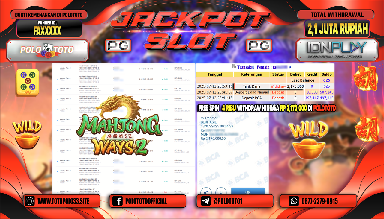 POLOTOTO JACKPOT SLOT MAHJONG WAYS 2 Rp.2.170.000,-