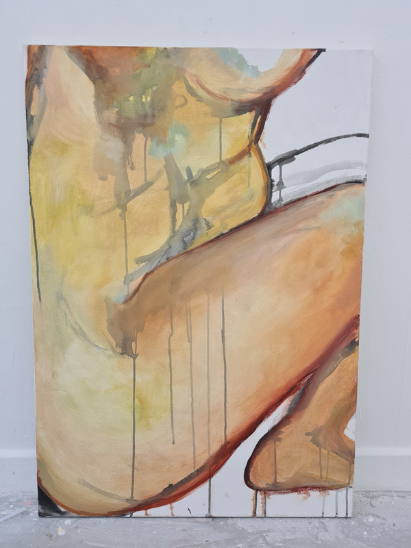 crouched nude body, oil on canvas, face out of frame