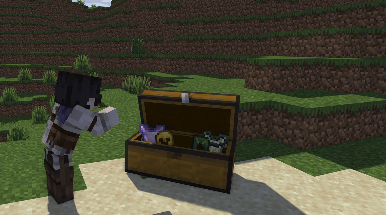 chest opened with custom items inside with player looking into the chest
