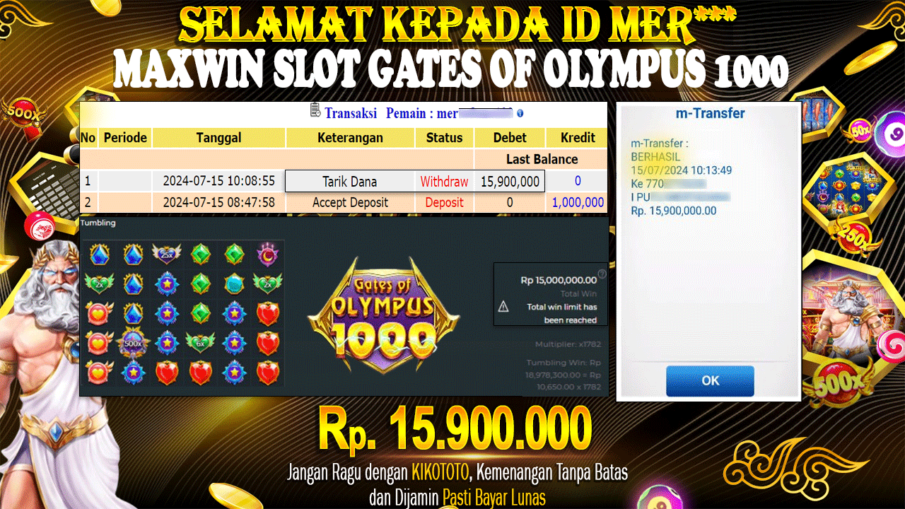 MAXWIN !!! MENANG BESAR DI SLOT GATES OF OLYMPUS SEBESAR 1000 Rp 15,900,000 LANGSUNG DI BAYAR KIKOTOTO !!!!