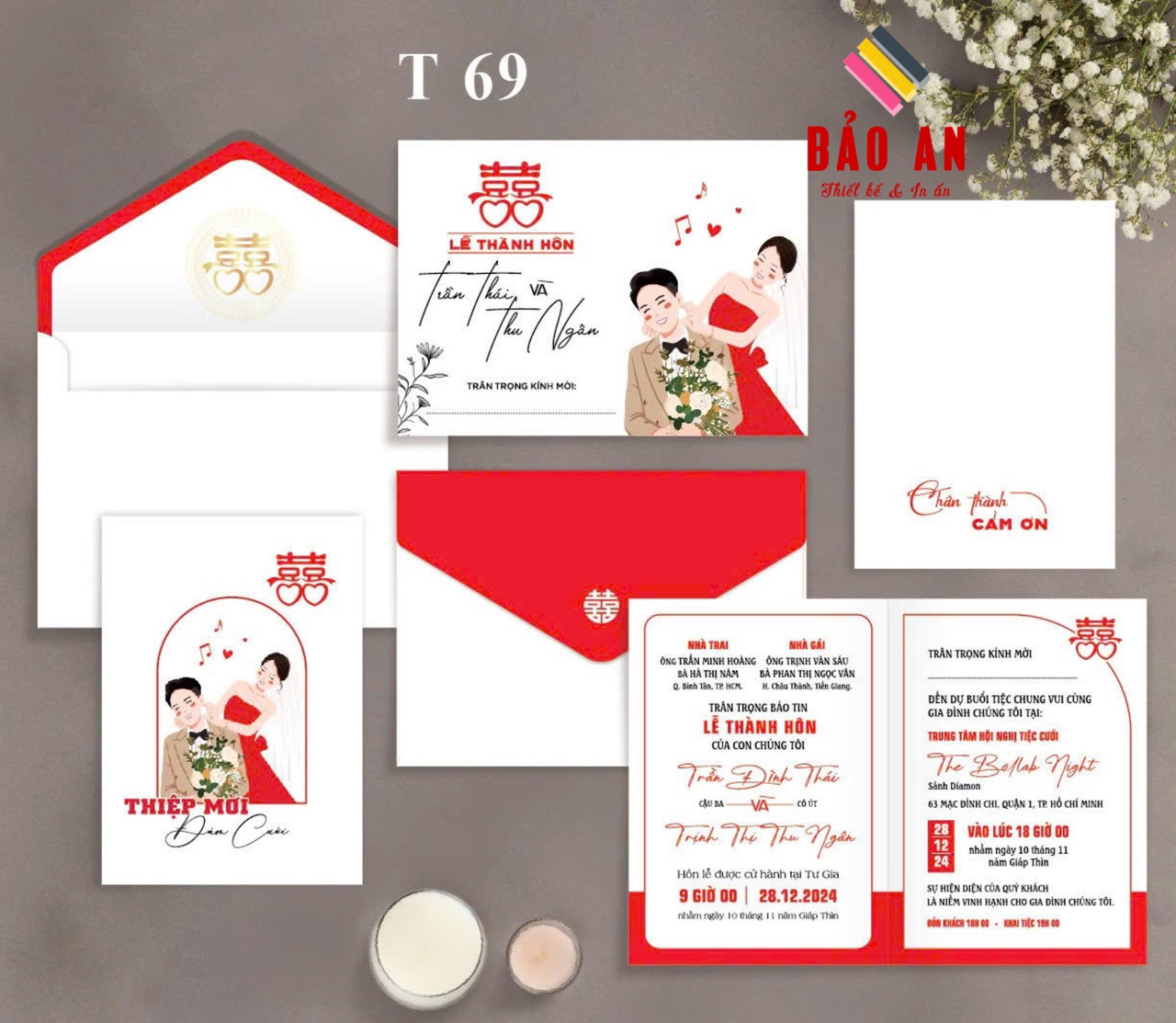 Thiệp chibi đỏ trắng chữ hỷ đỏ (T69)