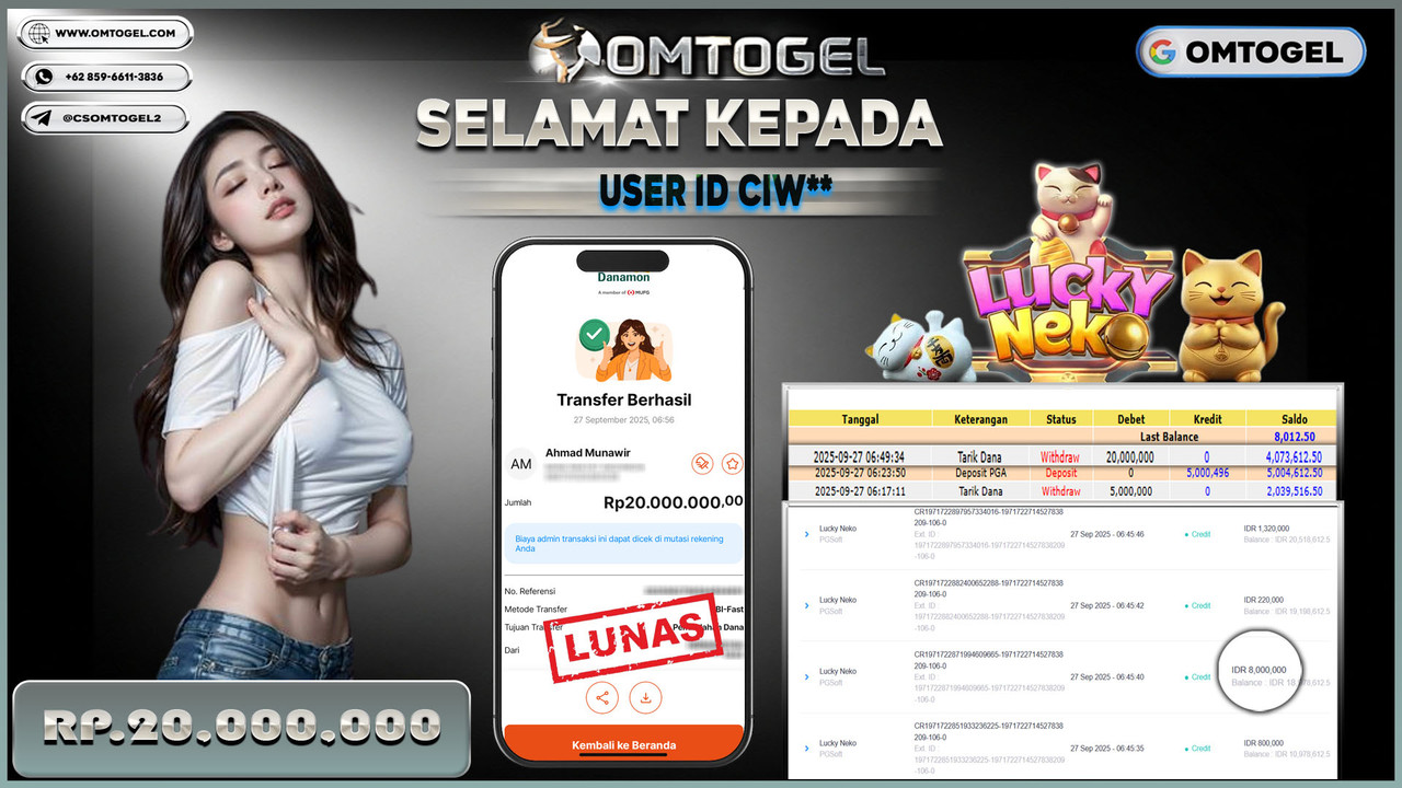OMTOGEL JACKPOT PGSOFT LUCKY NEKO 20 JUTA DI BAYAR LUNAS ,-