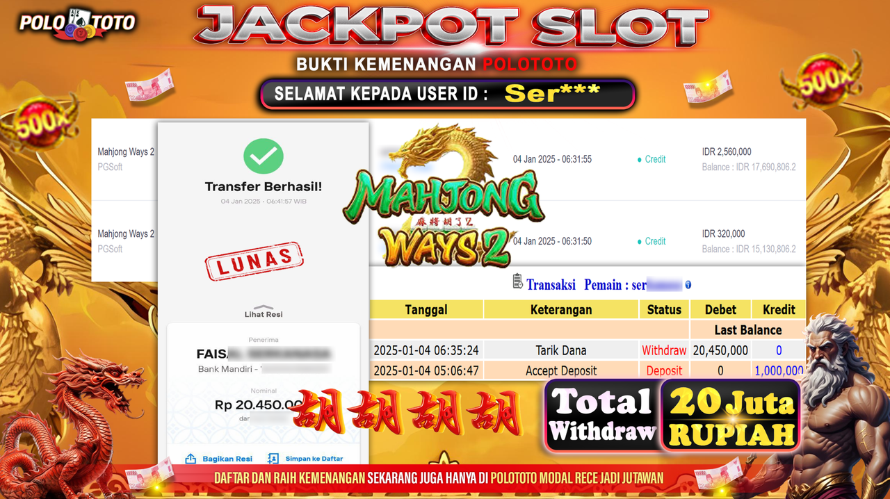 POLOTOTO JACKPOT SLOT MAHJONG WAYS 2 Rp.20,450.000,-