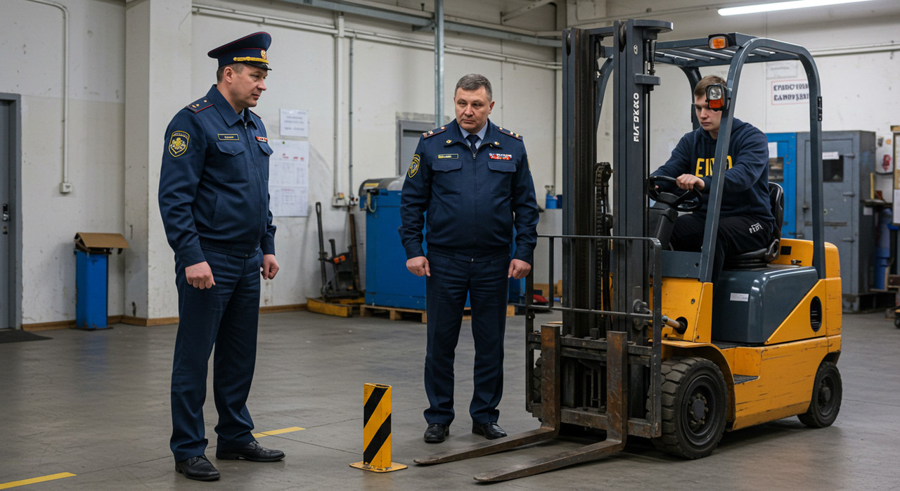 Инспектор Гостехнадзора принимает практический экзамен у кандидата на учебной площадке