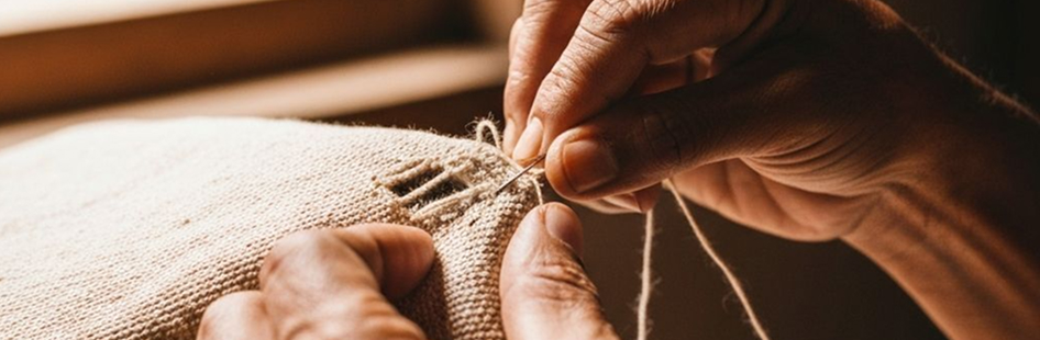 Artisan repairing a handloom textile