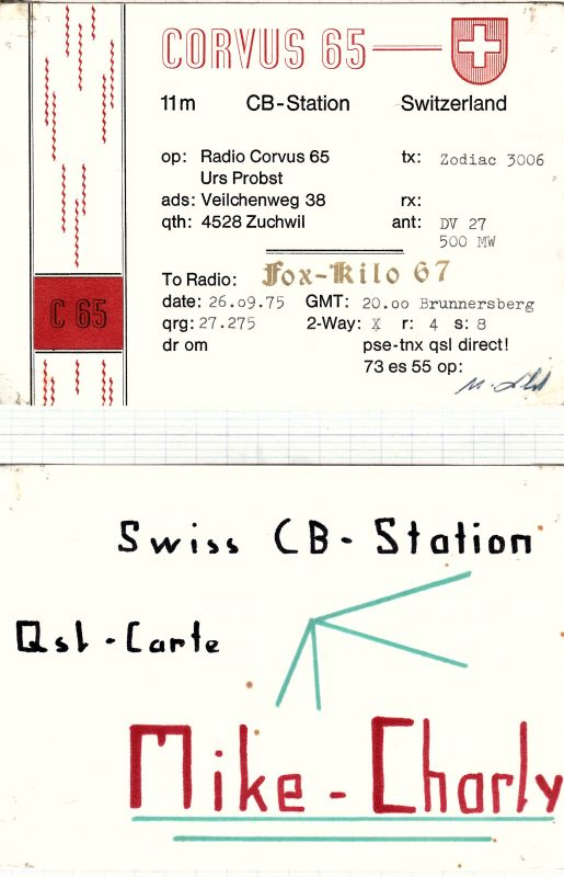 QSLs 27 Mhz de stations Suisses. CORVUS65-CH-09-75-MIKE-CHARLY-CH-10-75