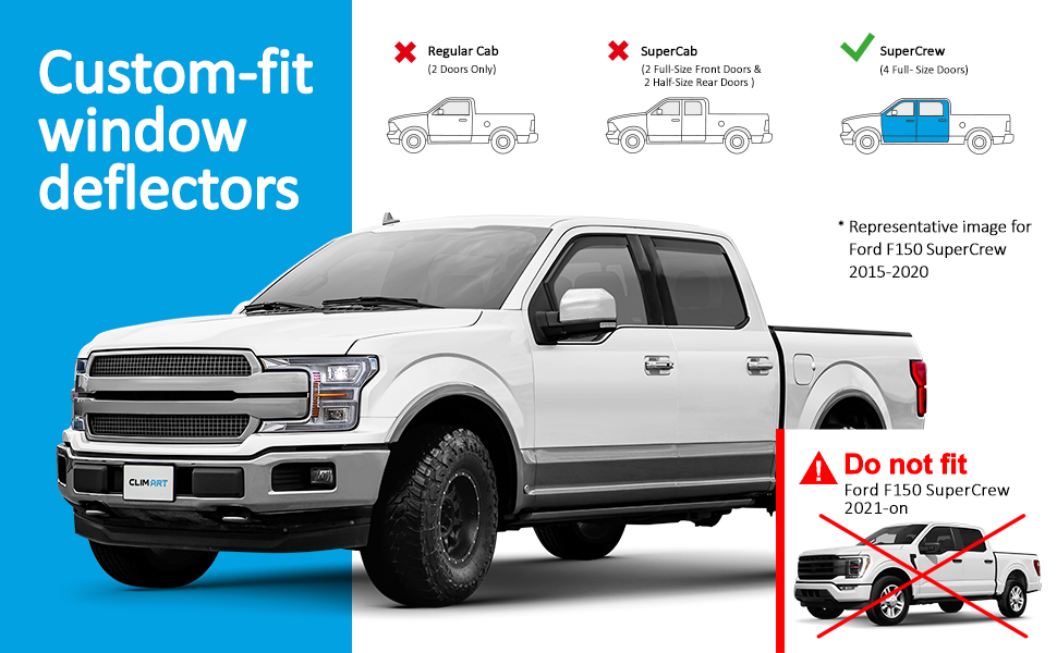Smoke Tinted Window Visors For 2015-2020 Ford F150 SuperCrew Cab - EZ Motoring, Adhesive Mount