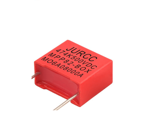 Una representación de un capacitor electrónico encapsulado en resina epoxi, destacando su durabilidad y protección contra el fuego.