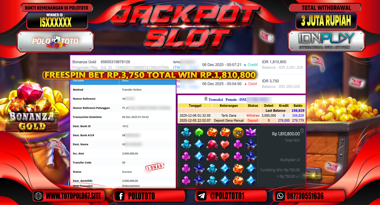 POLOTOTO JACKPOT SLOT BONANZA GOLD Rp.3.000.000,- LUNAS