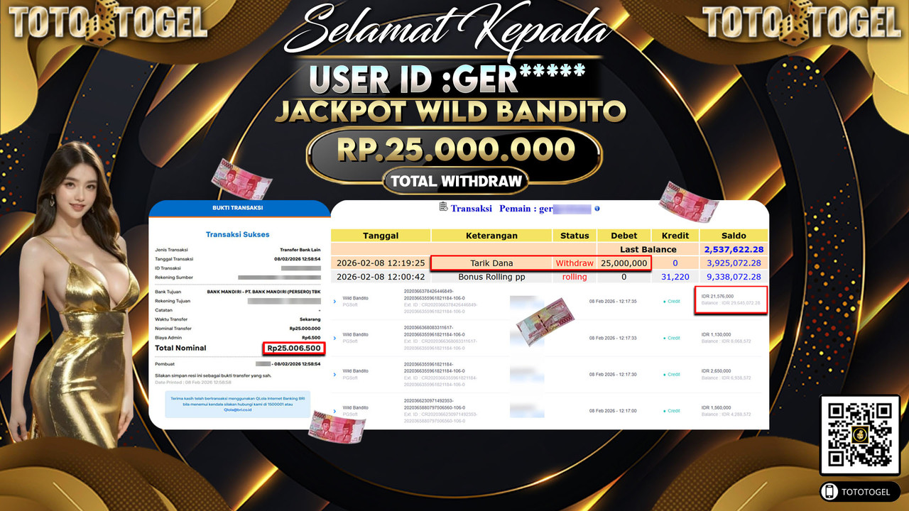 Bukti Pembayaran Jackpot Permainan Slot Wild Bandito ID:GER*****LUNAS