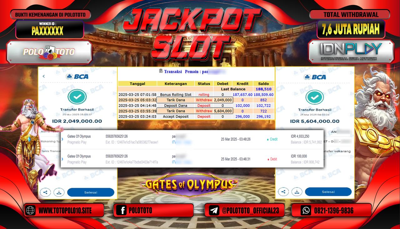 POLOTOTO JACKPOT SLOT GATES OF OLYMPUS Rp.7.653.000,-