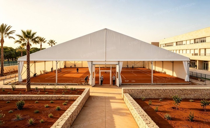 Door and accessory installation on A-Frame Tennis Tent