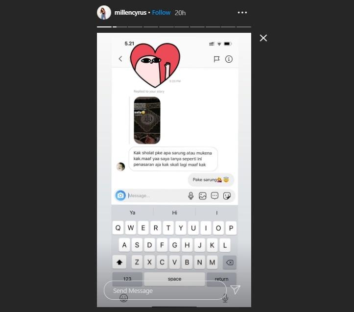 Instagram Story <a href='https://palembang.tribunnews.com/tag/millen-cyrus' title='Millen Cyrus'>Millen Cyrus</a>, netizen me-replay unggahan story-nya