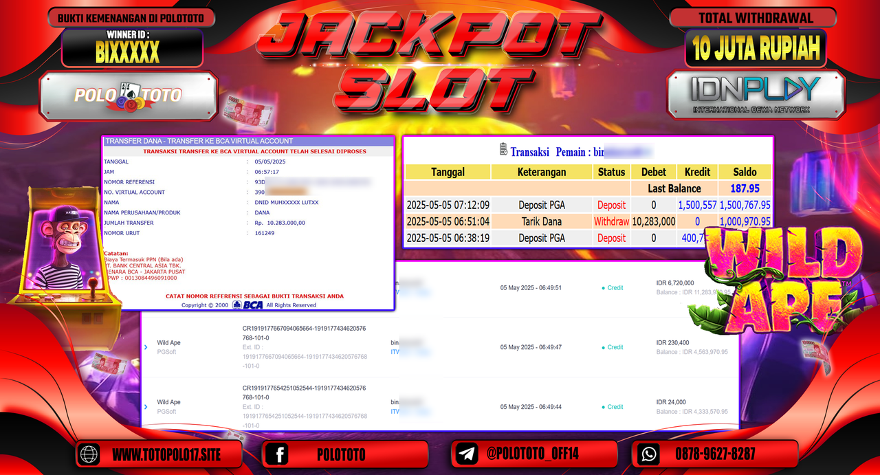 POLOTOTO JACKPOT SLOT WILD APE Rp.10.283.000,-