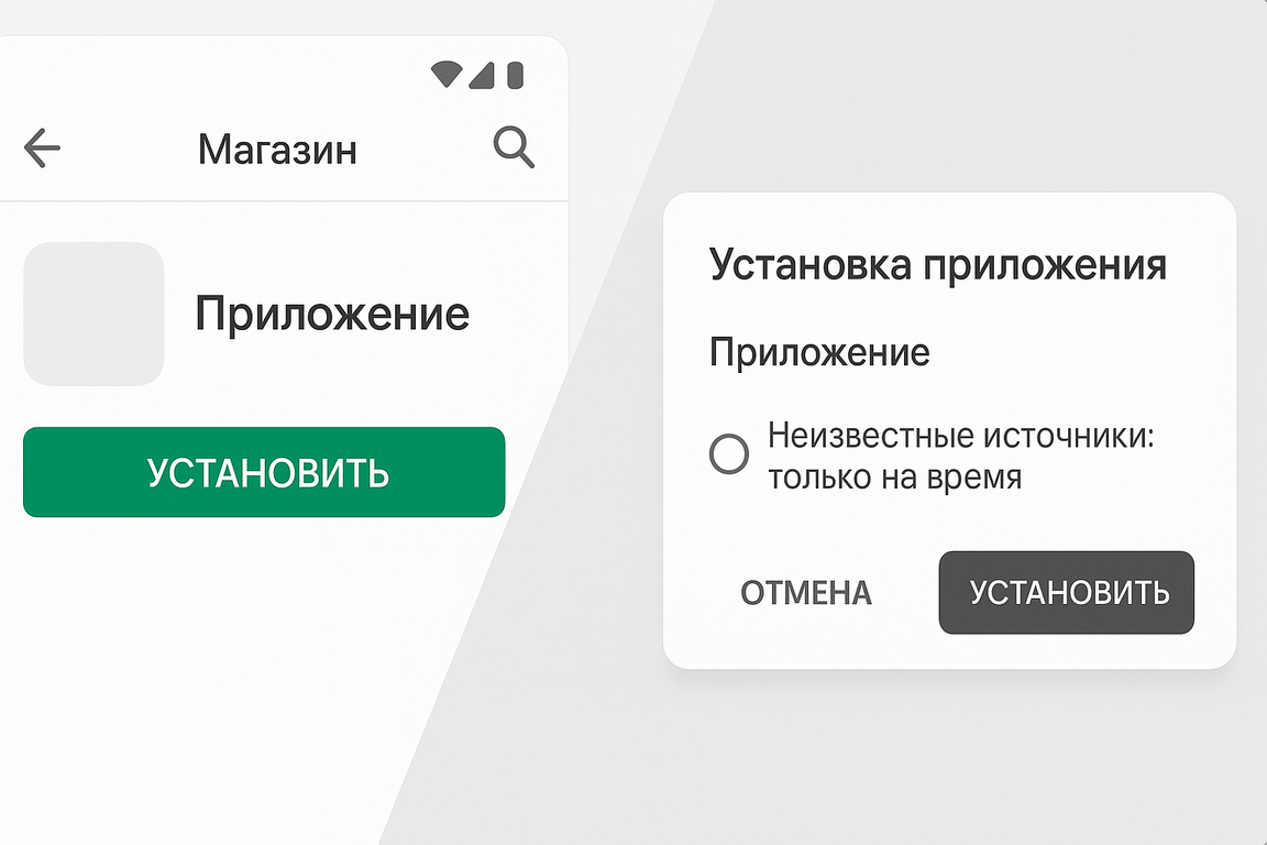 Макет экрана Google Play с кнопкой Установить и экран установки APK с подтверждением