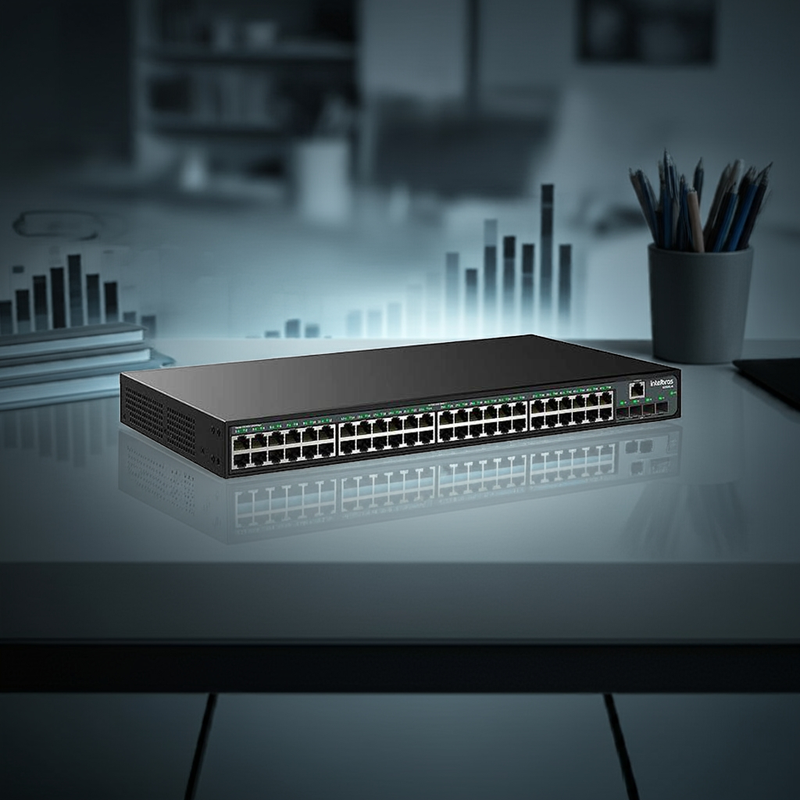 Switch Intelbras S2352G-A com visão frontal das 48 portas Gigabit Ethernet e 4 portas SFP.