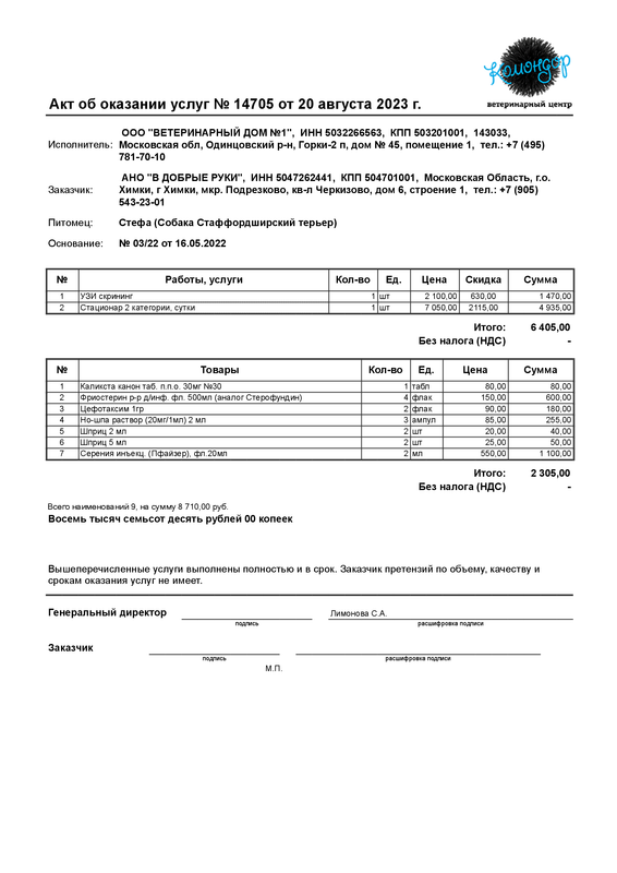 Акт об оказании услуг № ВЦ-14705 от 20.08.2023