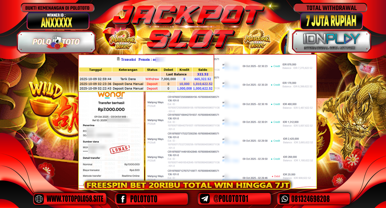 POLOTOTO JACKPOT SLOT MAHJONG WAYS Rp.7.000.000,- LUNAS