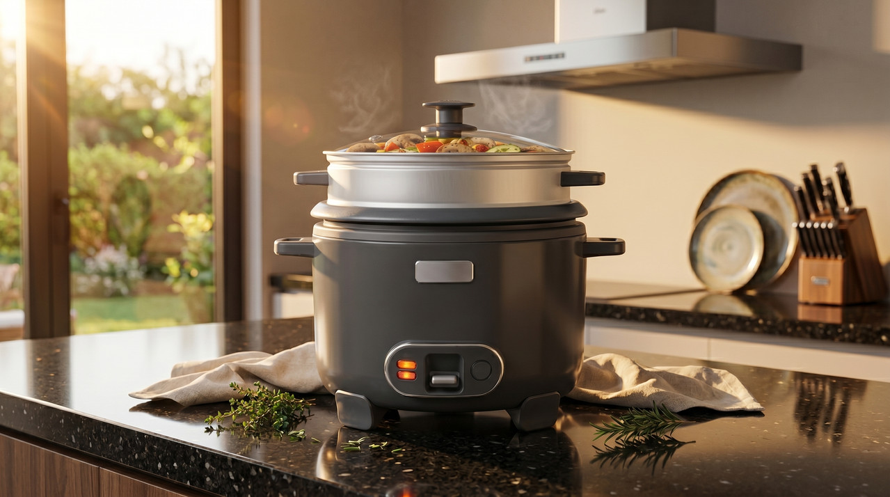 Olla Arrocera Oster CKSTRC12DFSKE de 12 Tazas en una encimera de cocina moderna